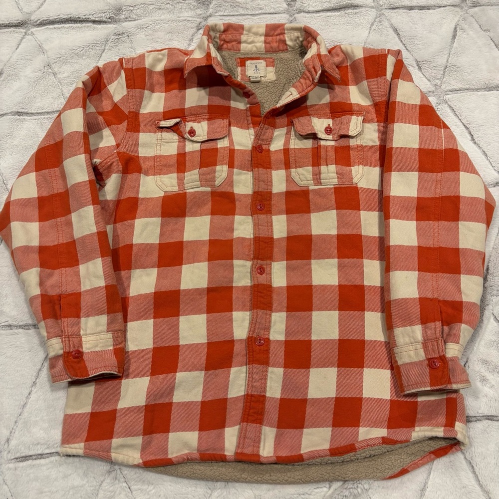 Lands End Kids Plaid Sherpa Lined Shacket Orange White Sz Xl